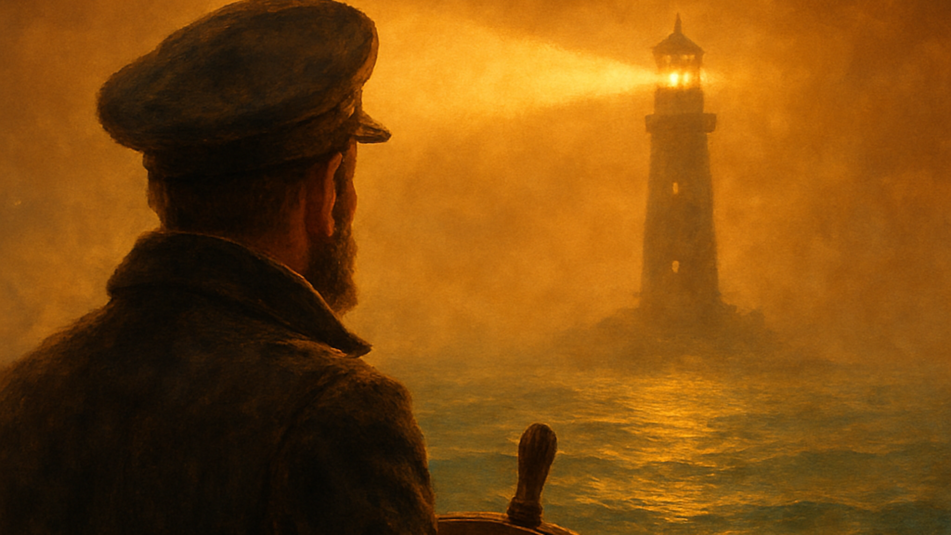 "A distant lighthouse glows warmly through foggy skies, its golden light reflecting on blue-green waters, as seen from the perspective of a ship's captain searching for safe harbor." Tom Monson lighthouse logo symbolizing guidance and inspiration.