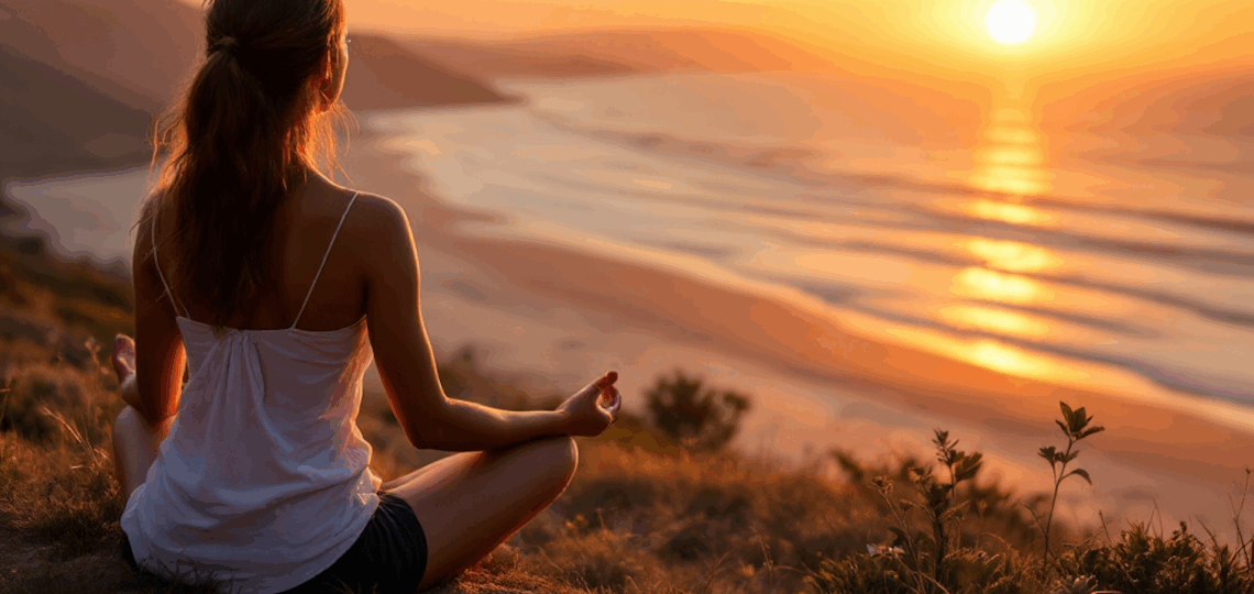 "A serene woman meditating on the beach at sunrise, embracing inner peace and the power of affirmations."