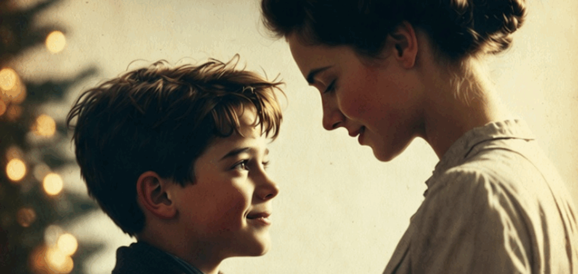 A 10-year-old boy looking lovingly at his mother near a glowing, scraggly Christmas tree. My Favorite Christmas