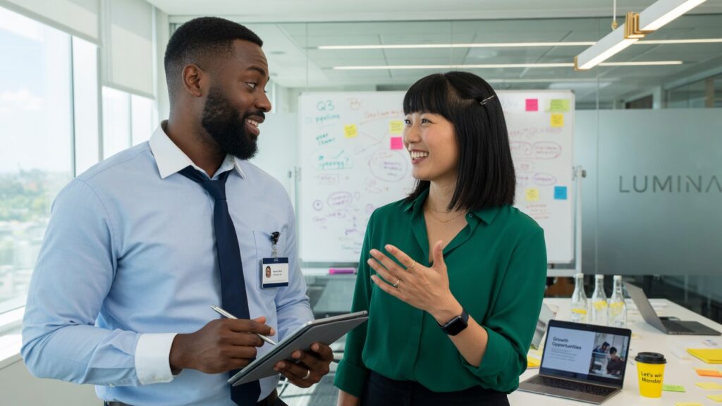 Two successful professionals collaborating in a modern office, representing the real-world skills taught in the World-Class Sales Masterclass