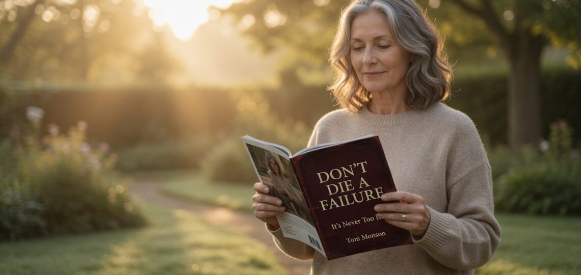 Older woman smiling gently while holding the book “Don’t Die a Failure,” standing outdoors in soft morning light.
