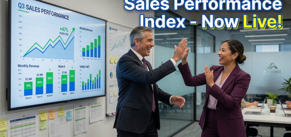 Professional man and woman in business attire celebrating success with a high-five in a modern office, with upward sales charts in the background and text overlay Sales Performance Index - Now Live!
