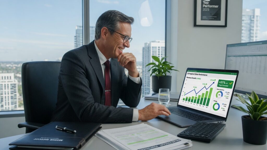 Mature professional businessman in a suit sitting at a modern office desk, reviewing positive sales results and charts on his laptop with a focused and satisfied expression. He graduated The Sales Performance Index