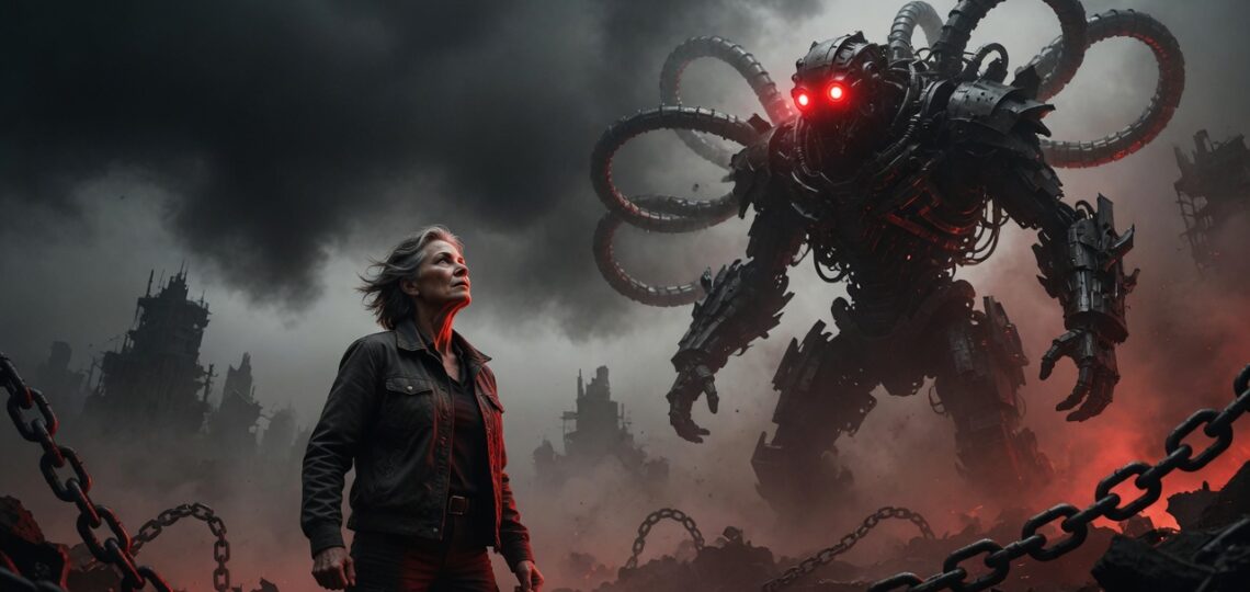 AI Is Coming for You - Determined person standing strong, ready to fight back against a massive AI robot monster, symbolizing courage and taking control.