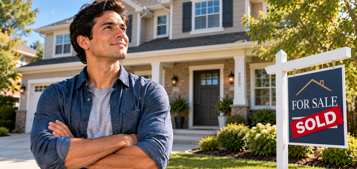 Roman, a real estate investor, standing proudly in front of a residential property with a sold sign.