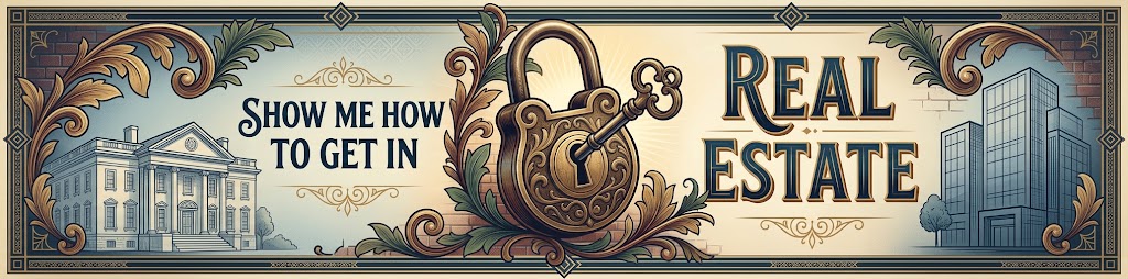 Show Me How to Get In – Real Estate Investor banner with an ornate lock and key between residential and commercial buildings.