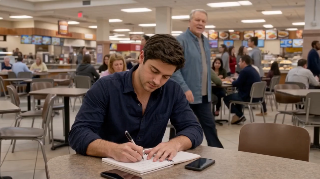Roman takes notes about becoming a real estate investor while meeting his mentor in a busy mall food court.